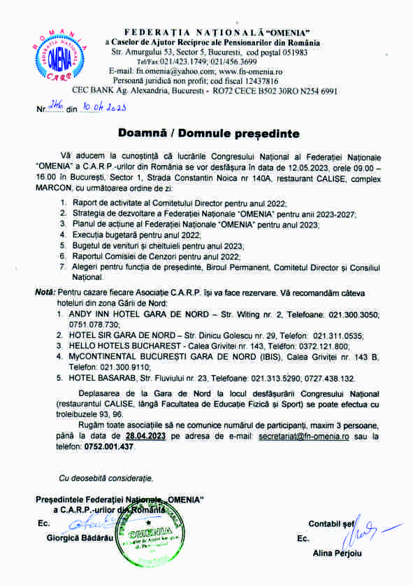 Ordinea de zi - Congresul Național al Federației Naționale “OMENIA” a C.A.R.P.-urilor din România